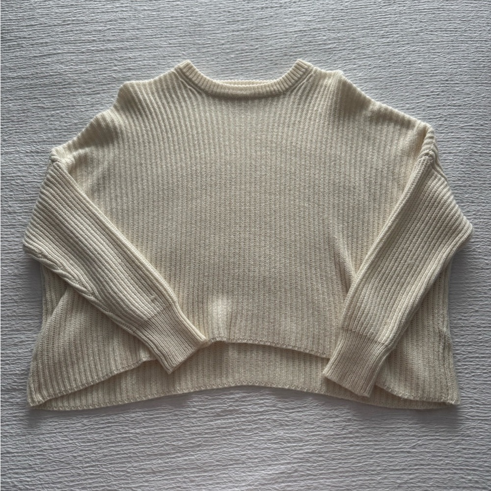 Relaxed Cream Ribbed Crewneck Sweater